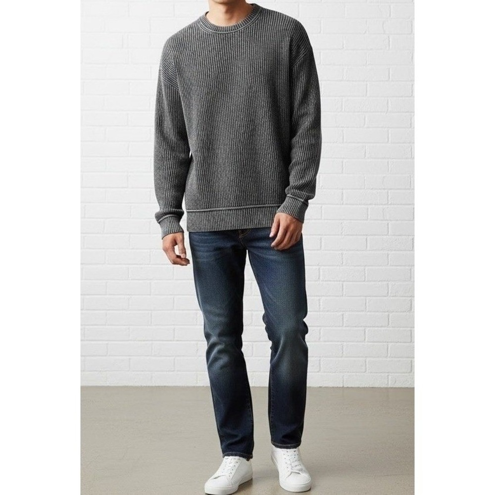 Hollister Ribbed Sweater Mens Medium Wash Grey  Boxy Fit Cotton Blend Knit